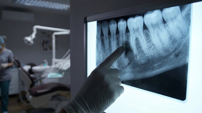 Dental xray teeth jaw radiography dentist hand diagnostic screen showing oral examination and analysis concept for treatment planning healthcare education clinic technology and patient consultation