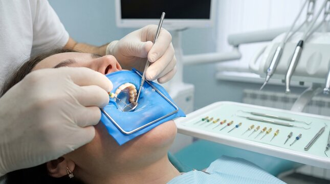 Root canal treatment dental dam endodontic dentist patient mouth procedure showing isolated tooth and instruments concept for clinic education pain relief marketing and restorative oral care
