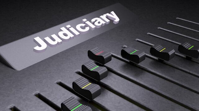 Judiciary control panel with faders, conceptual legal system adjustment, judicial power and law regulation interface, dark professional aesthetic