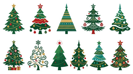 Fototapeta premium A Collection of Decorative Christmas Tree Illustrations Featuring Diverse Festive Ornament Styles and Seasonal Holiday Tree Designs for Graphic Projects