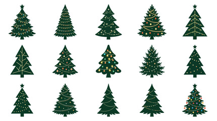 Obraz premium Collection of Decorative Christmas Trees with Various Ornaments and Festive Lights for Seasonal Holiday Graphic Design Projects