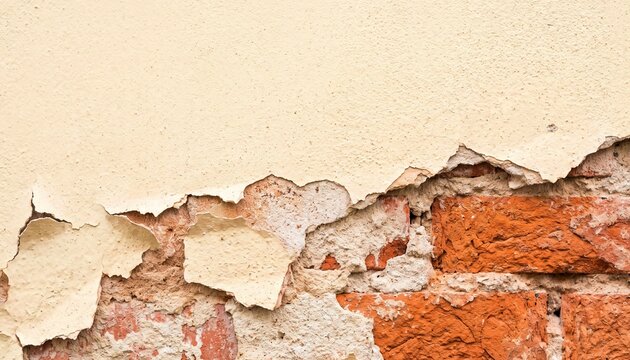 Peeling yellow plaster over brick wall distressed texture background