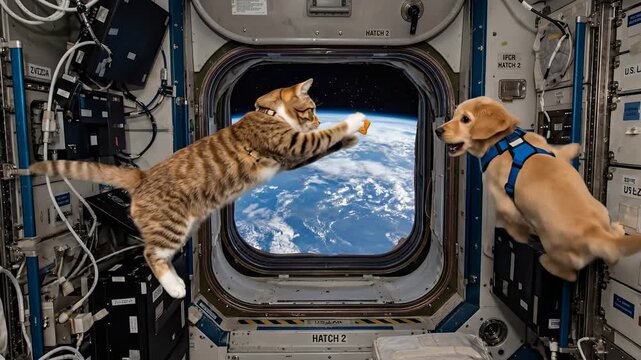 Dogs and Cats Play Together in Space With Earth in the Background During a Fun Moment on the Space Station
