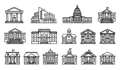 Courthouse building law justice and government architecture editable outline icon set © Jahangir