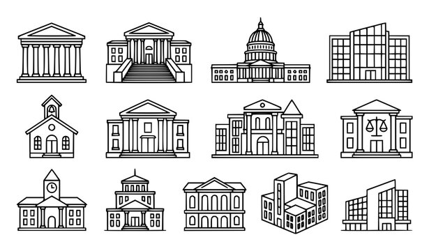 Law courthouse justice government and judicial building editable line icon collection