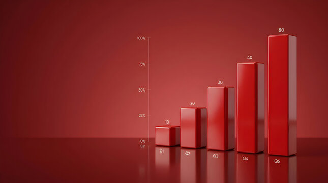 3d render of a red bar chart showing quarterly growth with numeric values on a dark red background