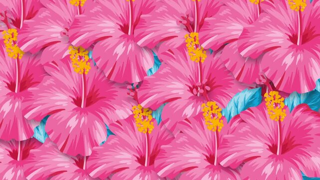 Vibrant Pink Hibiscus Flowers Tropical Hawaiian Floral Pattern Background.