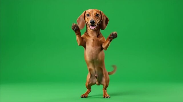 Brown dachshund dog standing on hind legs dancing and waving paws on a green screen