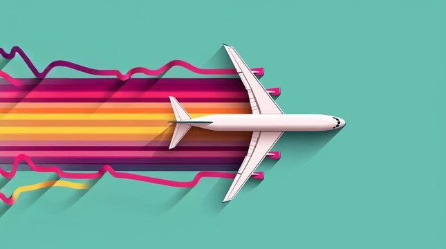 Commercial Airplane Flying Above Abstract Colorful Route Lines