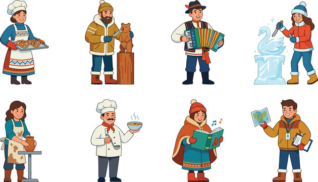 Traditional crafts folk culture and winter hobbies character icon collection set vector illustration isolated on white background