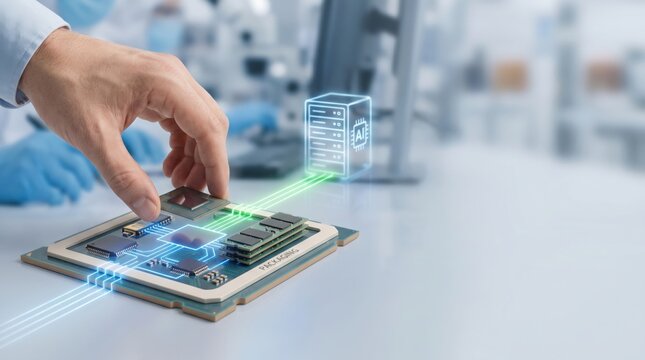 AI Upstream Broadening - A bare hand places the final chiplet on an advanced semiconductor package, completing connections for AI server activation.