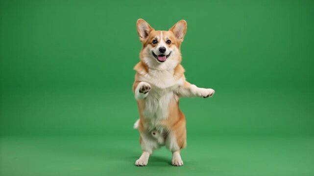 Corgi dog dancing and waving its paws while standing upright on a green screen background
