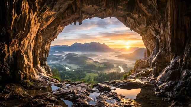 Majestic Cave Entrance Overlooking Mountain Valley at Sunrise with Golden Rock Formations