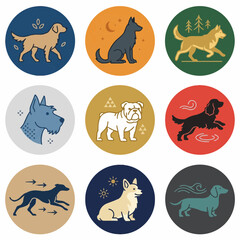 Obraz premium Set of nine dog breed icons in circular vector frames