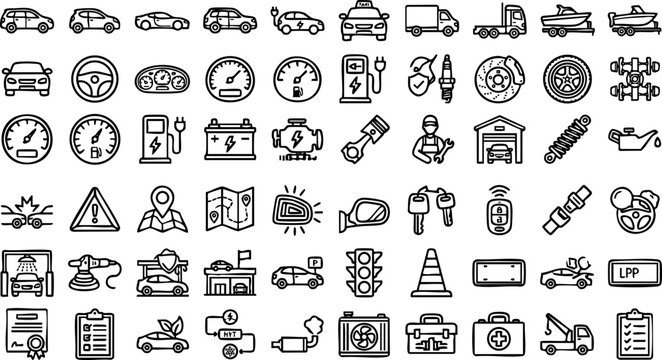 Set of automotive vehicle car maintenance hand-drawn style line icons with automotive, maintenance