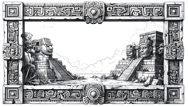 Detailed black and white illustration of ancient Mesoamerican temples with carved faces and an ornate decorative frame.