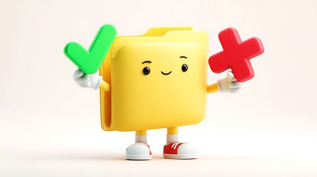 Yellow Folder Character Holding Checkmark and Cross Symbols Concept