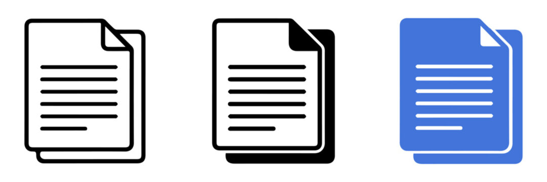Set of three document file icons showing paper sheets in outline solid and blue styles