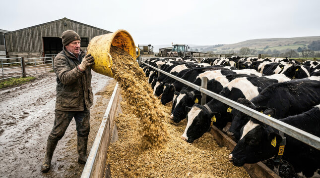 Farmer feed cow farm livestock barn trough agriculture pouring grain for black white dairy herd on muddy rural yard practical animal care