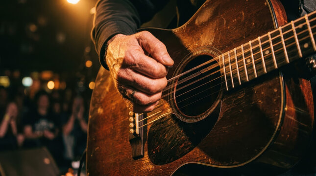 Acoustic guitar musician strumming hand string concert stage performance weathered wooden instrument played close up during live folk music show
