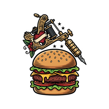 Tattoo Machine and Hamburger Illustration Art.