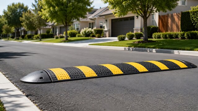 A black and yellow speed bump installed on a quiet residential suburban street during a sunny day