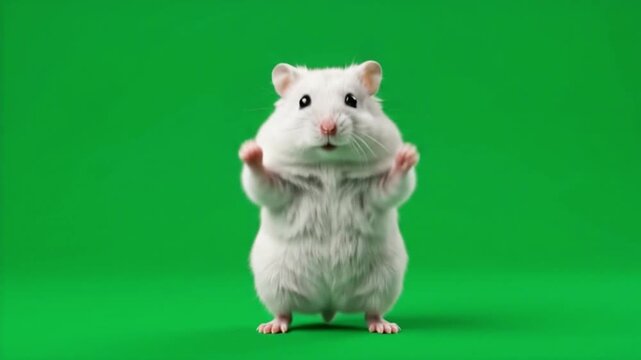 White hamster dancing and waving its paws while standing on a green screen background
