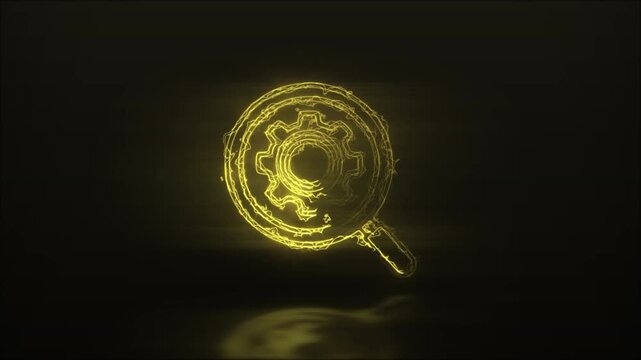 Neon Glowing Magnifying Glass over Gears Motion Video Cyberpunk LED Process Optimization Loop Graphic