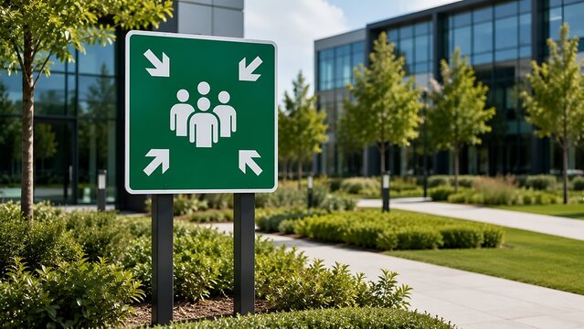 Green assembly point sign located in a modern business park with trees and office buildings in background