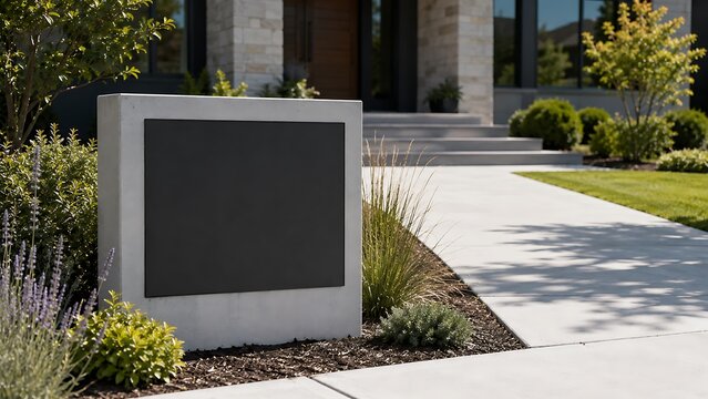Blank modern concrete sign monument in front of a luxury residential home with landscaped garden