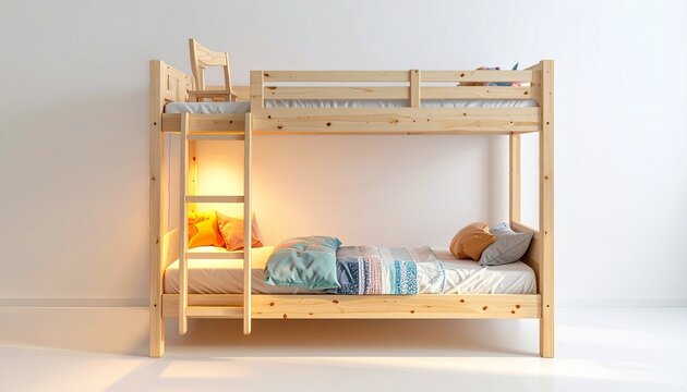 Minimalist wooden bunk bed with ladder