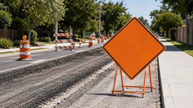 Blank orange diamond shaped road construction sign on a residential street undergoing pavement repair and roadwork