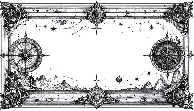 Intricate celestial and navigational themed frame with compass roses, stars, and mountains in a vintage black and white illustration style.