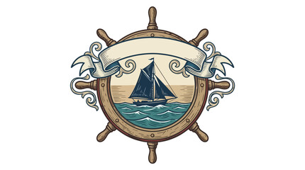 Vintage Nautical Ship Wheel Emblem Design. © Buku