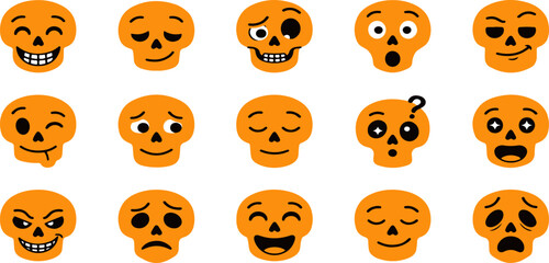 Obraz premium Set of cute orange halloween skull emojis with various facial expressions and emotions isolated on a white background