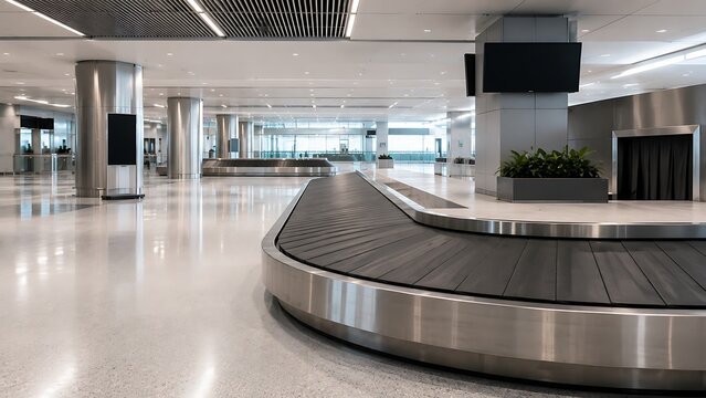 Empty baggage claim area in a modern airport terminal with shiny floors and conveyor belt