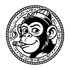 Cartoon Monkey Smoking Cigar in Circular Frame.