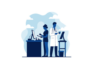 Fototapeta premium Healthcare Professionals at Work: A doctor and a nurse collaborate in a clinic setting, with computers and medical charts visible, representing the dedication and care within the healthcare system.