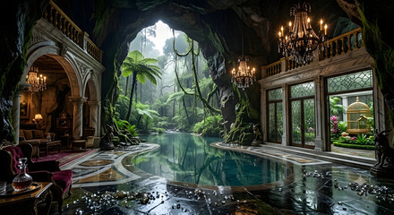 Fototapeta premium Luxury Cave Palace Interior with Crystal Chandeliers and Tropical Hidden Lagoon