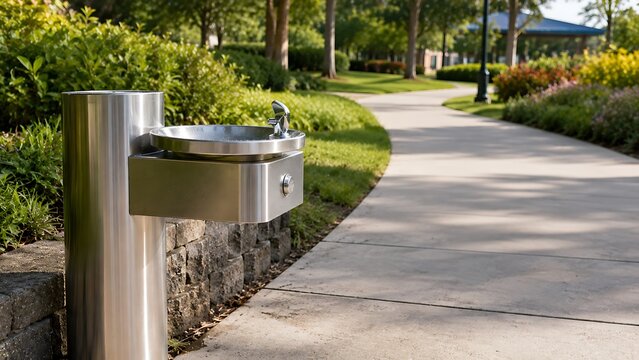 A stainless steel public drinking fountain located along a paved walking path in a sunny public park