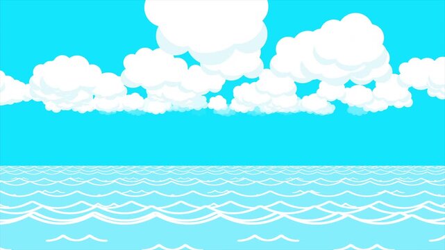 アニメ調の波のある海と白い雲のある青空の中を進む、4K画質のループ素材