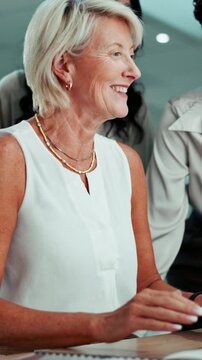 Manager, training group and discussion in meeting for company policy, orientation or job overview. Interns, mature person or office induction with introduction, onboarding or employee responsibility