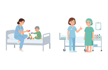 Obraz premium Doctors and nurses caring for patients, including children playing and medical support