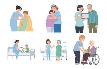 Fototapeta premium Collection of flat vector illustrations depicting nurses caring for elderly patients and children in various medical and daily life scenes