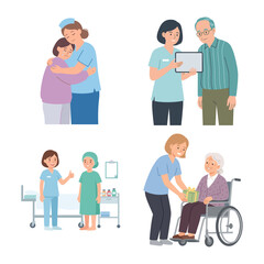 Obraz premium Nursing Care and Medical Assistance Vector Illustration Set with Patients and Healthcare Staff