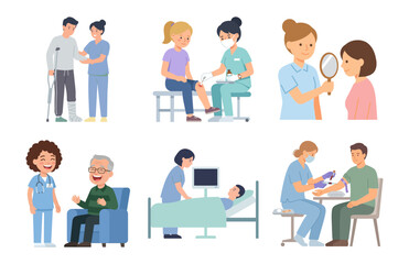 Fototapeta premium Healthcare professionals and medical care concept illustrations set with nurses and patients
