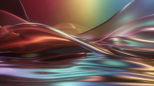 Flowing metallic waves in glossy abstract style on soft gradient background, concept of fluidity and motion
