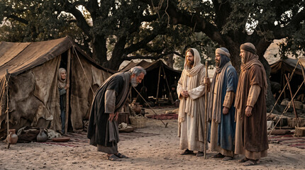 Naklejka premium Three mysterious men (angels) visiting Abraham and Sarah by the oaks of Mamre to announce the birth of Isaac