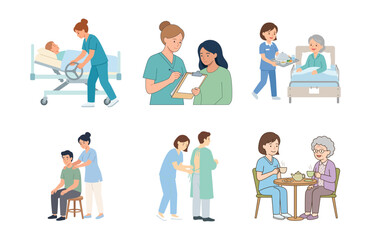 Fototapeta premium Caregiver assistance set, nurse helping elderly patients in hospital or nursing home