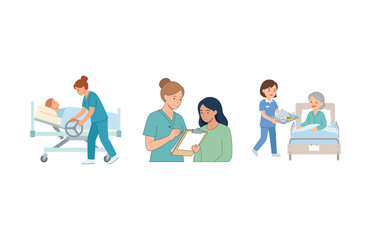 Fototapeta premium Healthcare workers caring for patients in hospital rooms and consulting with visitors